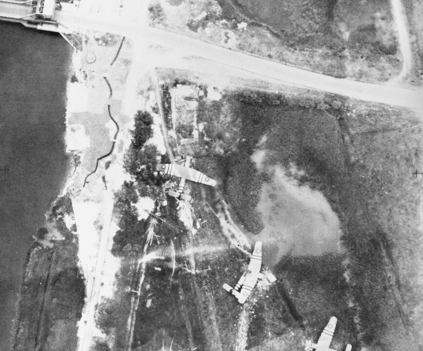 Vertical aerial photograph of Horsa gliders near the bridge over the Caen Canal at Benouville