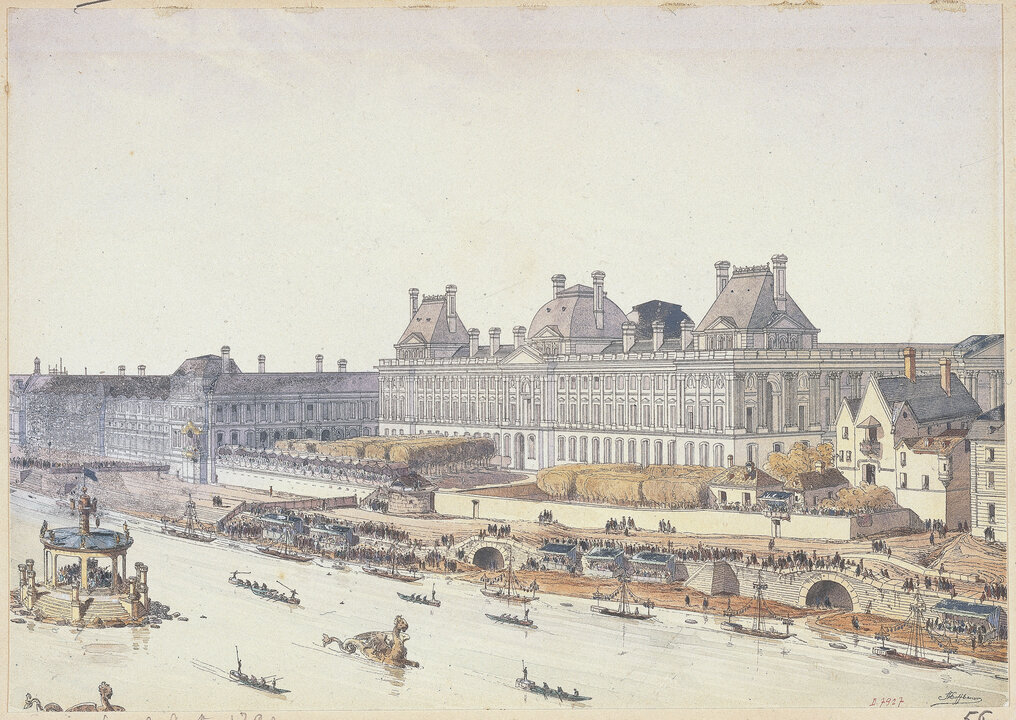 Le Louvre sous Louis XV, spectacle nautique de Servandoni pour le mariage de Louise-Elisabeth avec le future Duc de Parme le 29 août 1739