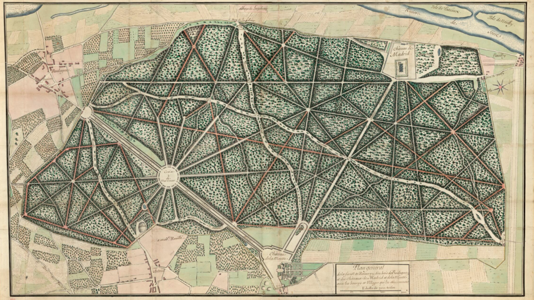 Plan général de la forest de Rouvray dite Bois de Boulogne et des châteaux de Madrid et de La Muette avec les bourgs et villages qui les environnent : Jules-Hardouin Mansart