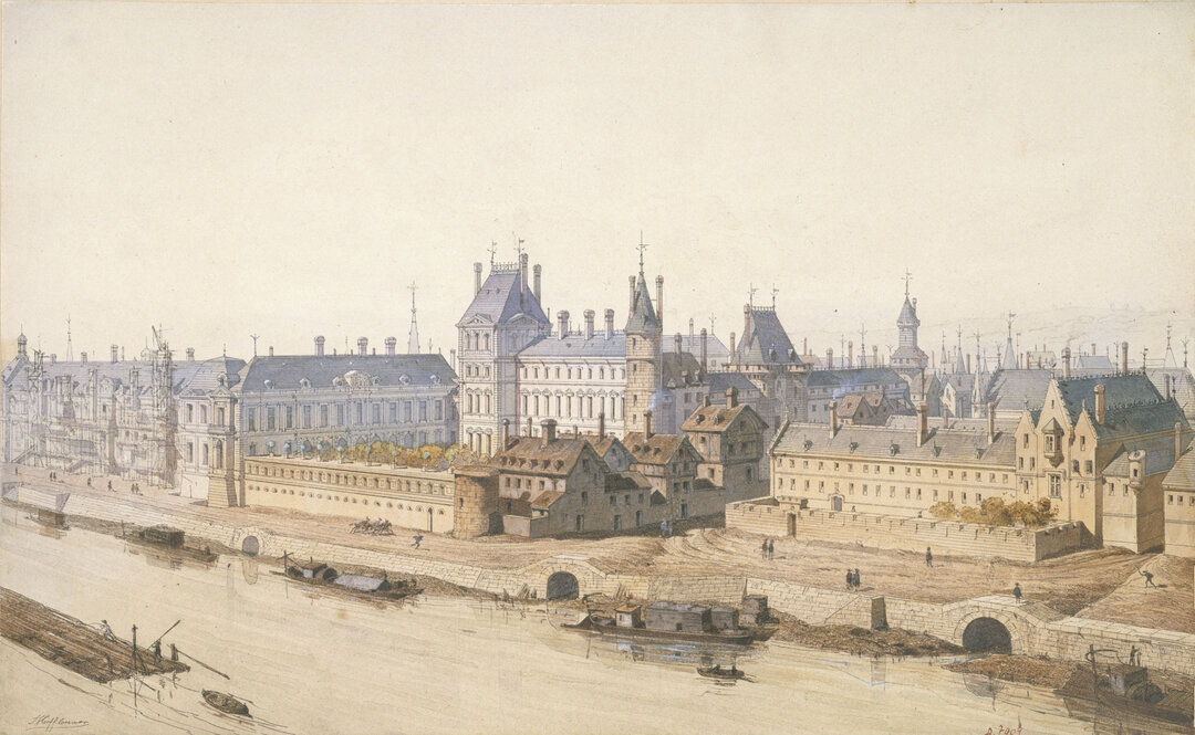 Le Louvre et le Petit Bourbon sous Louis XIII (1622), entre le port Saint-Nicolas et le port aux Passeurs, rues d'Autriche (d'Hosterische) et des Poulies. Composition rétrospective