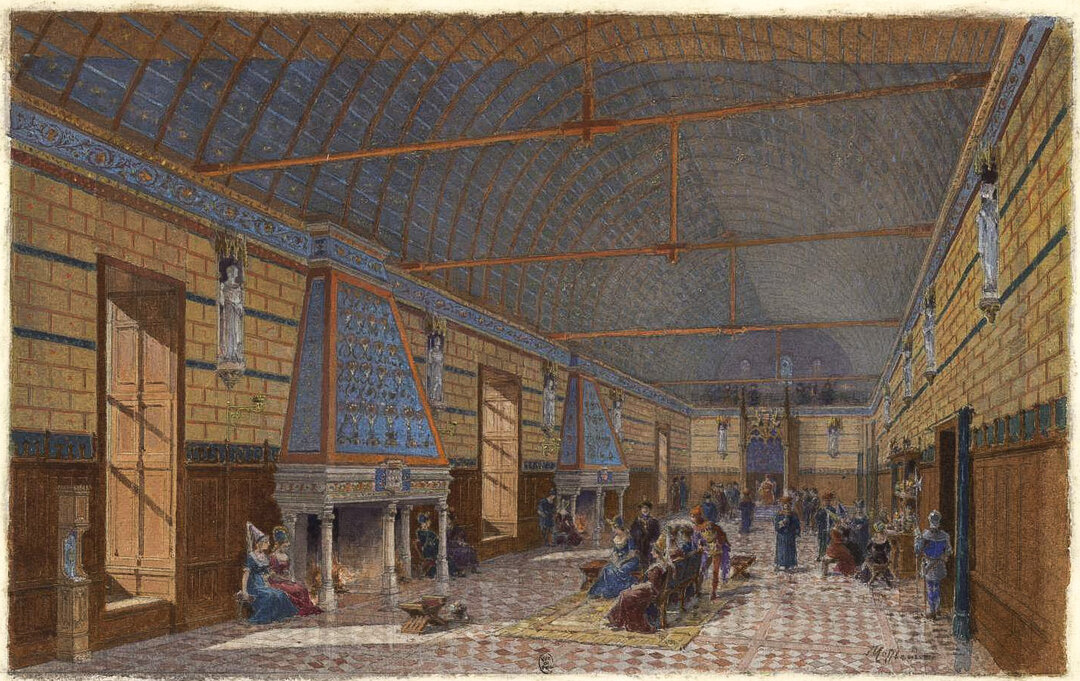 Salle des Preux, vue depuis le pignon sud vers le pignon nord avec le trône seigneurial