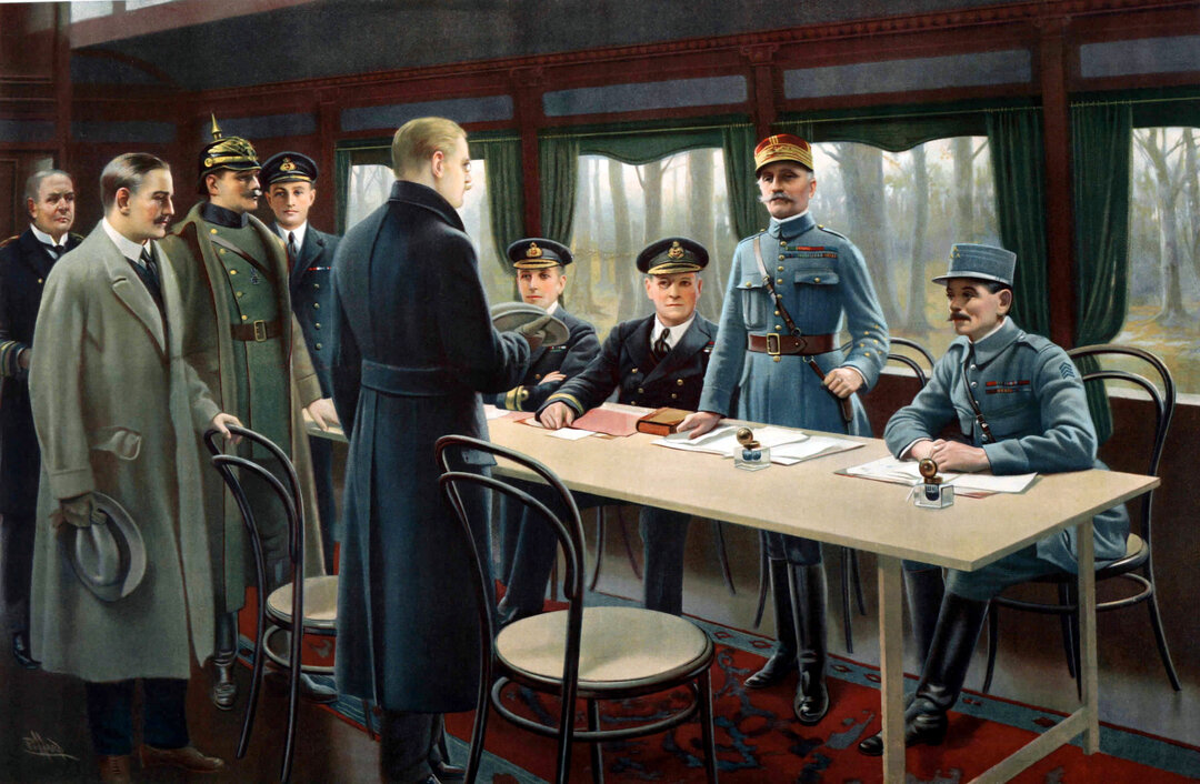 Tableau représentant la signature de l'armistice de 1918 dans le wagon-salon du maréchal Foch.