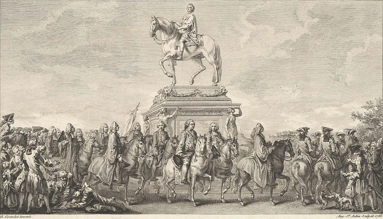 L'inauguration de la statue équestre du roi, sculptée par Edmé Bouchardon, sur la place Louis XV à Paris, en 1763.