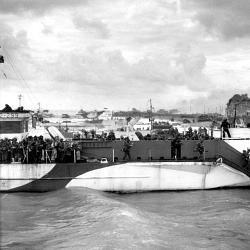Canadian landing ship approaching captured Juno-Beach, Normandy