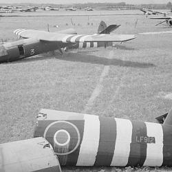 Horsa gliders litter the airborne landing zone north of Ranville, 15 June 1944.