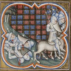 L'armée quittant le champ de bataille de Bouvines. Enluminure des (…)