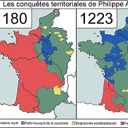 L'évolution du territoire sous Philippe Auguste (domaine royal en bleu).