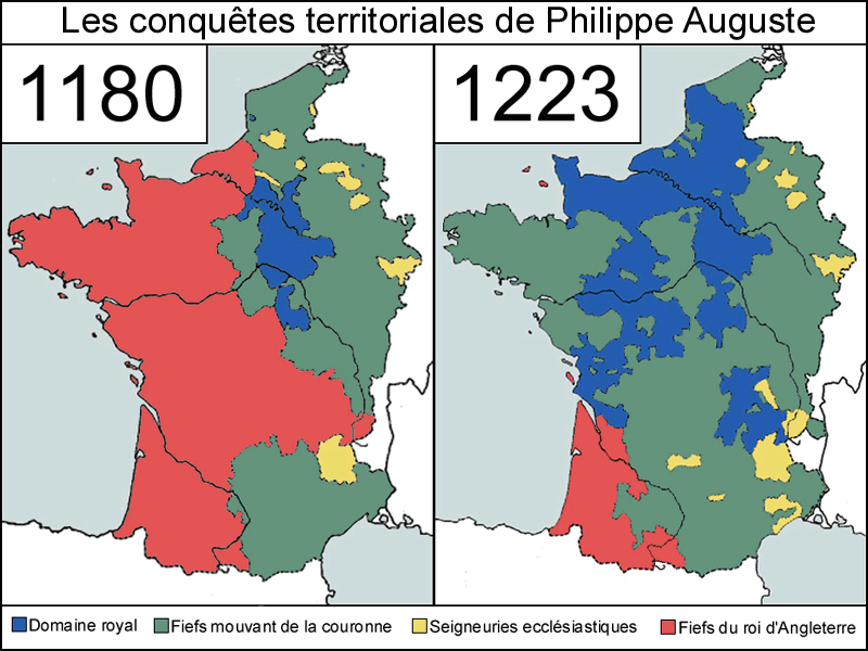 L'évolution du territoire sous Philippe Auguste (domaine royal en bleu).