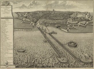 Vue de Dunkerque côté mer vers 1700-1710 avec les fortifications construites par Vauban au travers du banc de sable