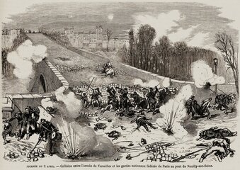 Commune de Paris, journée du 2 avril 1871, barricade tenue par les Fédérés au pont de Neuilly. Le Monde illustré du 8 avril 1871, dessin de Daniel Vierge.