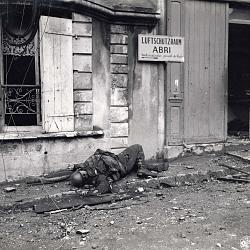 Combattant allemand gisant mort sur un trottoir, devant l'ancien café (…)