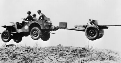 Bantam jeep flying with 37mm Antitank gun
